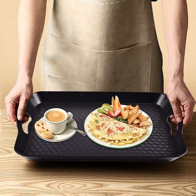 Plastic Tray with Handles, 2 Pack Multi-Purpose Rectangular Non Slip Restaurant Serving Trays Set for Parties, Coffee Table, Kitchen(9.5x14.6 inch)