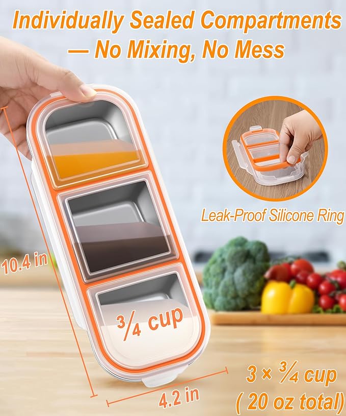 3 Pack Stainless Steel Snack Containers for Kids & Adults - Leek Proof Metal Bento Lunch Box with 3 Compartment - Lunchable Containers for Daycare, School, Work, Travel - Stackable Bento Snack Box