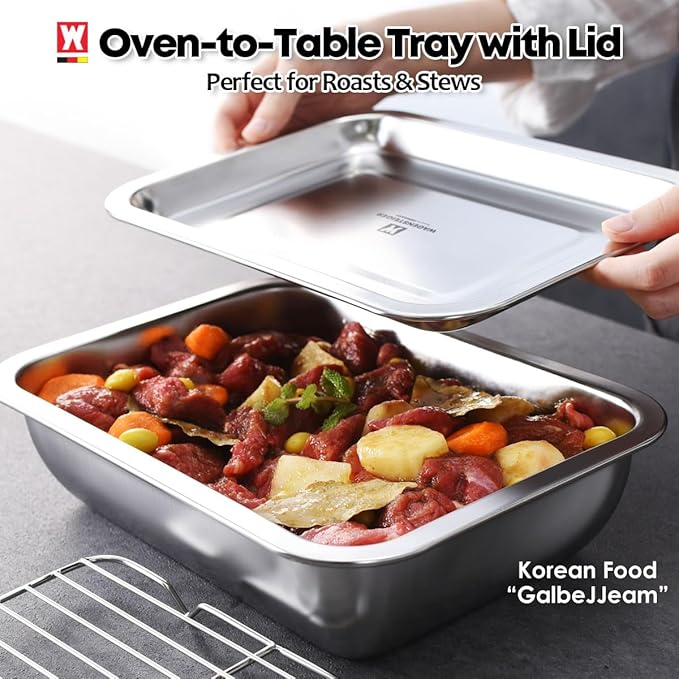 Stainless Steel Steam Table Pan with Rack & Lid (Tray), 2.96Quarts, Catering Pans, Restaurant Pans, Buffet Party Pans, Roasting Pan with Rack, Bakeware Roaster, Food Prep Container (1303 / No3)