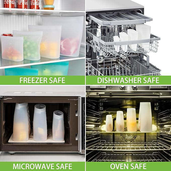 Reusable Storage Bag, 8 Pack 100% Silicone Food Storage Bags Stand Up Zip Lock Bags for Food, Freezer Microwave Oven Dishwasher Safe, 2 Extra Large(0.8 Gallon) 2 Large 2 Medium 2 Small, Translucent