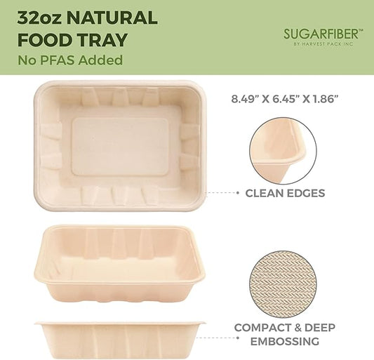 [100 COUNT]Harvest Pack 32 oz PFAS FREE Disposable Food Trays, 8.49" x 6.45" x 1.86"Compostable Food Container Bagasse Serving Trays, from Sugarcane Eco-Friendly Plant Fibers, No Lids included