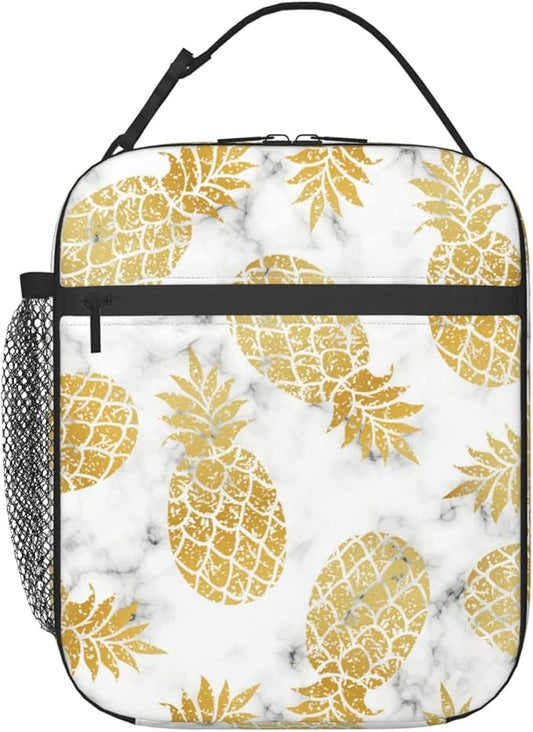 YETTA YANG Marble Gold Pineapple Portable Lunch Bag Insulated Lunch Box Reusable Totes For Women Men Work Picnic Camping