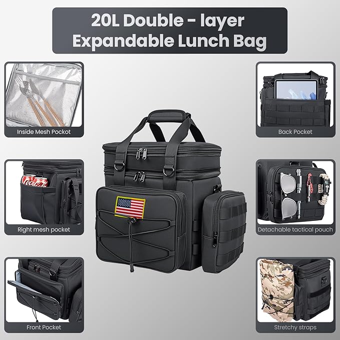 Tactical Lunch Box for Men, 20L Expandable Double Insulated Cooler Bag with Detachable Molle Pouches, Modern Tote for Adults, Waterproof and Leakproof for Work, Camping, Picnic, Hiking