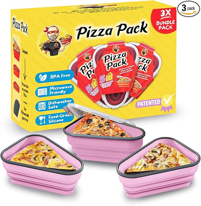 PIZZA PACK The Perfect Reusable Pizza Storage Container with 5 Microwavable Serving Trays - BPA-Free Adjustable Pizza Slice Container to Organize & Save Space, Pink 3 pk