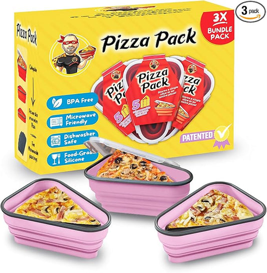 PIZZA PACK The Perfect Reusable Pizza Storage Container with 5 Microwavable Serving Trays - BPA-Free Adjustable Pizza Slice Container to Organize & Save Space, Pink 3 pk