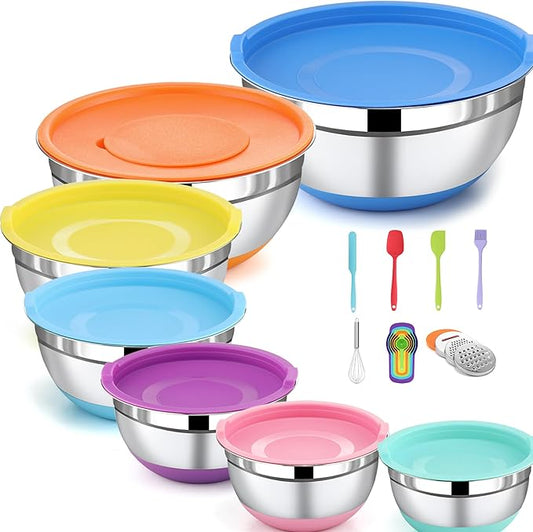 Sentk Mixing Bowls with Lids Set, 21 PCS Stainless Steel Mixing Bowls with 3 Grater Attachments, Food Storage Nesting Mixing Bowl with Non-Slip Bottoms, Mixing Bowl Set Great for Mixing & Serving