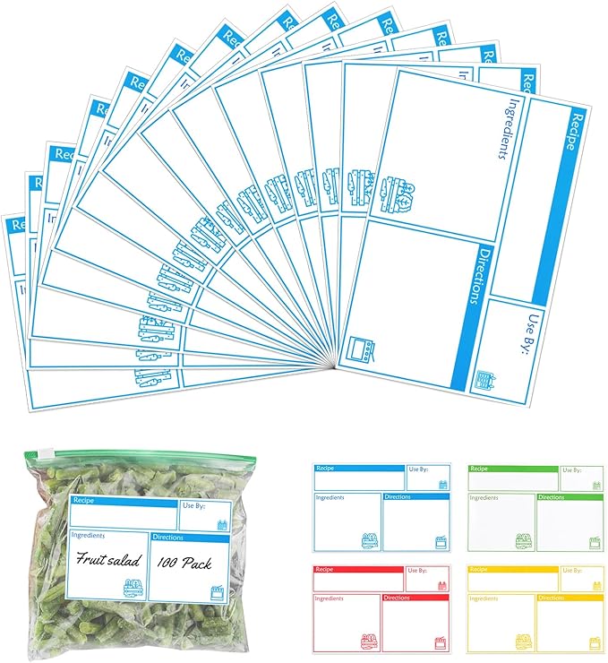 100pcs Labels for Freezer Bags Freezer Meal Labels with Instructions 3.2 X 5 inch Oil and Water Resistant Labels Food Labels for Freezer Storage for Leftovers in Fridge Removable Freezer (Blue)