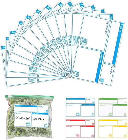 100pcs Labels for Freezer Bags Freezer Meal Labels with Instructions 3.2 X 5 inch Oil and Water Resistant Labels Food Labels for Freezer Storage for Leftovers in Fridge Removable Freezer (Blue)
