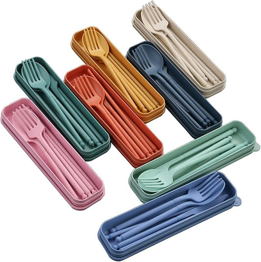 8 Colors Portable Utensils Sets with Case, Wheat Straw Cutlery Set, Reusable Travel Flatware Set, Spoon Fork Knife chopsticks Tableware Set for Outdoor Office Travel Picnic Camping