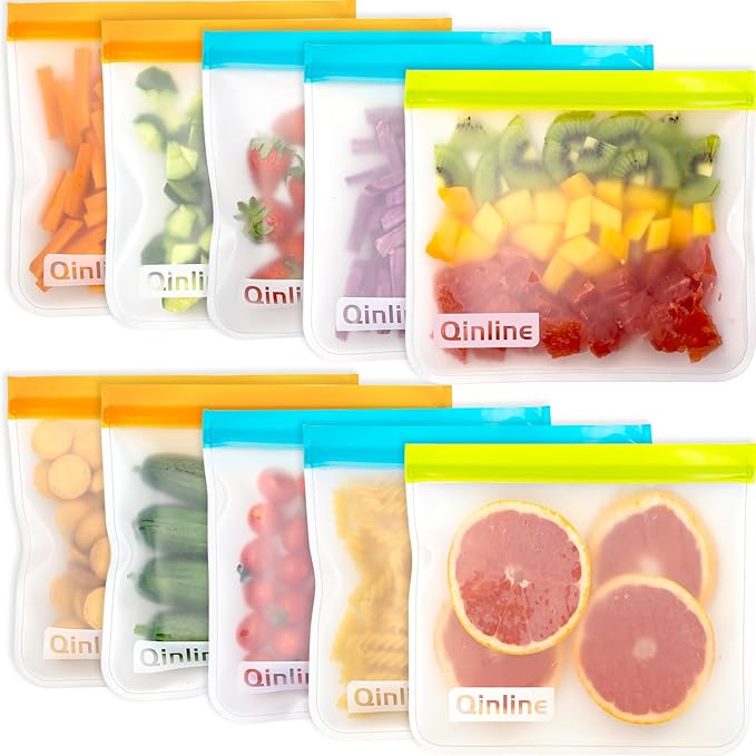 Reusable Food Storage Bags - 10 Pack Freezer Bags Silicone, Extra Thick Leakproof Lunch Bags for Salad Fruit Marinate Meats Travel - 10 Sandwich Storage Bag