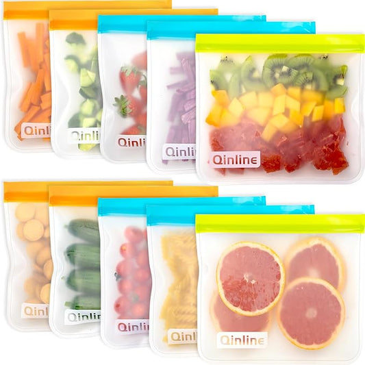 Reusable Food Storage Bags - 10 Pack Freezer Bags Silicone, Extra Thick Leakproof Lunch Bags for Salad Fruit Marinate Meats Travel - 10 Sandwich Storage Bag