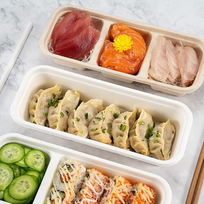 Restaurantware Pulp Tek 9.2 x 3.8 x 1.8 Inch Takeaway Food Boxes 100 Disposable Take Out Containers - Lids Sold Separately Freezable White Bagasse Catering Food Containers Microwavable