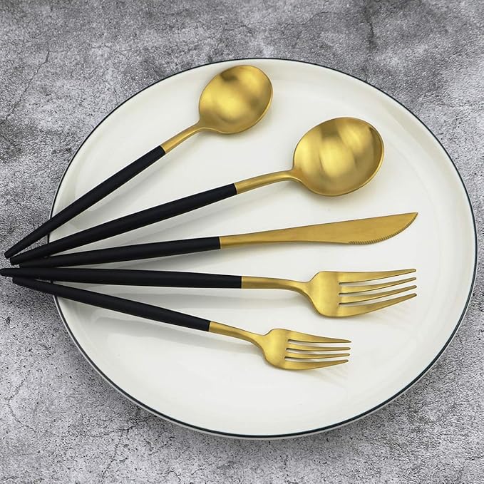 20-Piece 18/10 Stainless Steel Flatware Silverware, Luxury Dinnerware Set Travel Cutlery Tableware Include Knife Fork Spoon Service for 4, Dishwasher Safe (Black Handle Matte Gold)