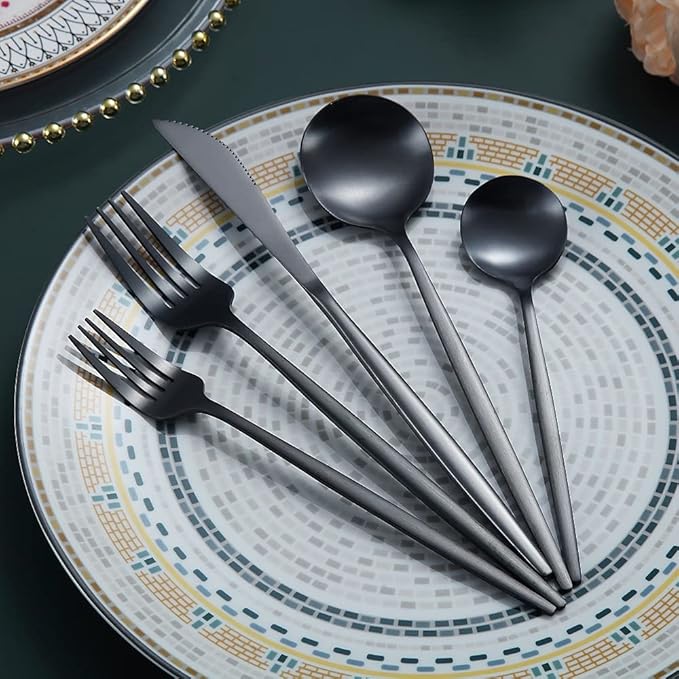 Matte Black Silverware Set 20 Pieces, Stainless Steel Flatware Set, Titanium Plating Cutlery Set, Matte Black Utensil Sets, Service Set for 4 (Matte Black)