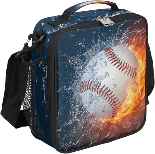 Fire Baseball Kids Lunch Box Baseball Sport Insulated Lunch Bag Tote for Girls Boys Cooler Freezable Meal Prep Bag with Shoulder Strap Waterproof Lunch Container for School Office Picnic