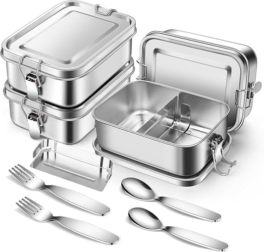 Dualshine 4 Pack Stainless Steel Bento Box 850ml Stainless Steel Containers with Lids Metal Lunch Box with Partition, 2 Spoons and Forks Lockable Clip for Leak Prevention Bento Box Adult for Travel