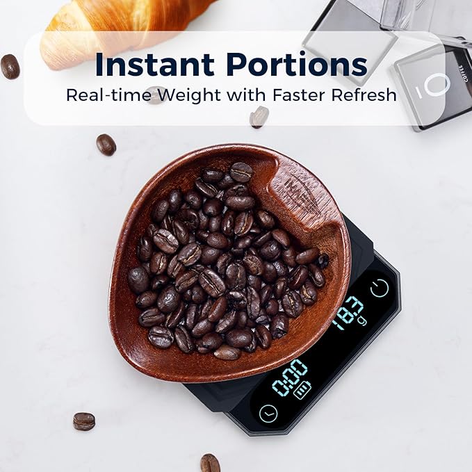 IKAPE Mini Digital Coffee Scale with Timer, 2kg/0.1g High Precision Rechargeable Drip Espresso Scale, Pour Over Scale with Tare Function, LED Display(Black)