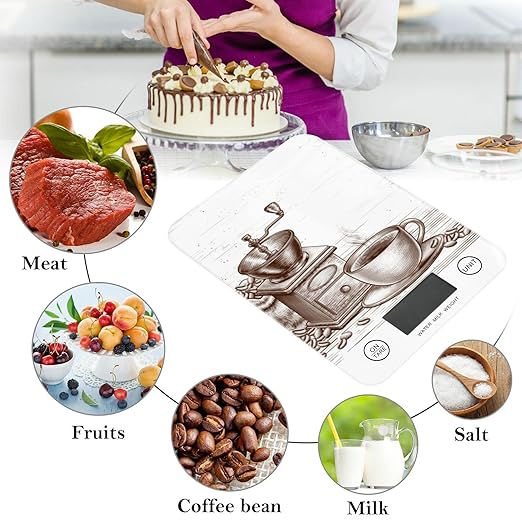 Food Scale Kitchen Digital Scale Food Ounces and Grams Dieting Baking Cooking Waterproof Glass Panels LCD Display,4 Units Scale Tare Function Coffee Time Brown