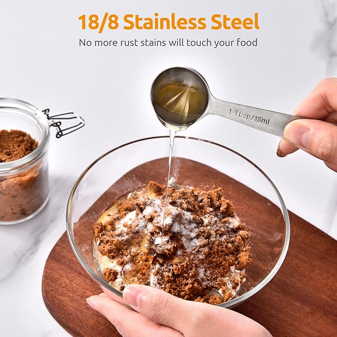 18/8 Stainless Steel Measuring Spoons Set for Dry and Liquid Ingredients (Set of 8), and 600ºF Heat Resistant Silicone Turners, 13.6in Long Solid & Slotted Kitchen Spatula (Aqua Sky)