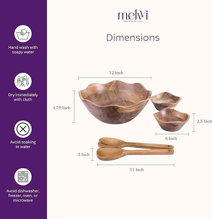 Melvvi Large Wooden Salad Bowl Set with 2 Small Bowls and 2 Serving Utensils | 12" & 6" Wide Natural Acacia Wood Bowls for Food | Mixing Pasta with Tongs | Gift for Fathers