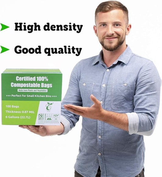 Primode Compostable Bags, 6 Gallon Food Scraps Yard Waste Bags, 100 Count, Extra Thick 0.87 Mil. ASTMD6400 Compost Bags Small Kitchen Trash Bags, Certified By BPI And TÜV AUSTRIA,
