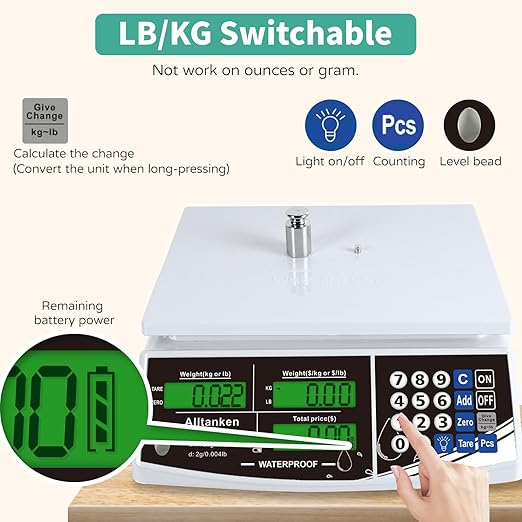 Waterproof Price Computing Scale IP68, 66lb Digital Commercial Food Meat Produce Weight Scale with Green LCD Display