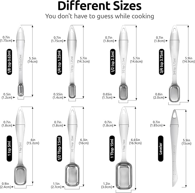 U-Taste 600ºF Heat Resistant Food Grade Silicone Spatula Set of 3, and 18/8 Stainless Steel Square Measuring Spoons Set of 8 (Multicolors+Silver)