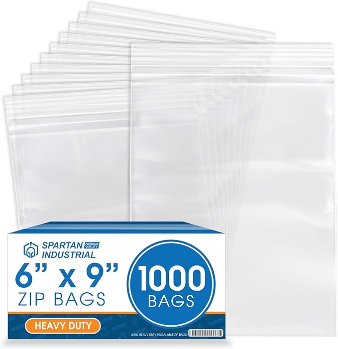 Spartan Industrial - 6” X 9” (1000 Count) Thick Durable Quart Clear Reclosable Zip Plastic Poly Bags with Resealable Lock Seal Zipper - 4 Mil