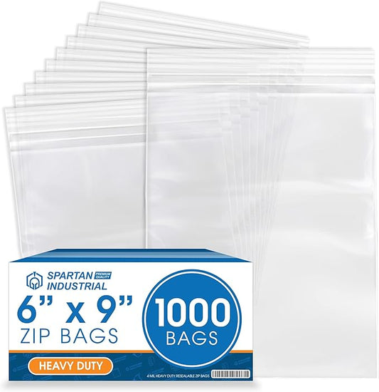 Spartan Industrial - 6” X 9” (1000 Count) Thick Durable Quart Clear Reclosable Zip Plastic Poly Bags with Resealable Lock Seal Zipper - 4 Mil