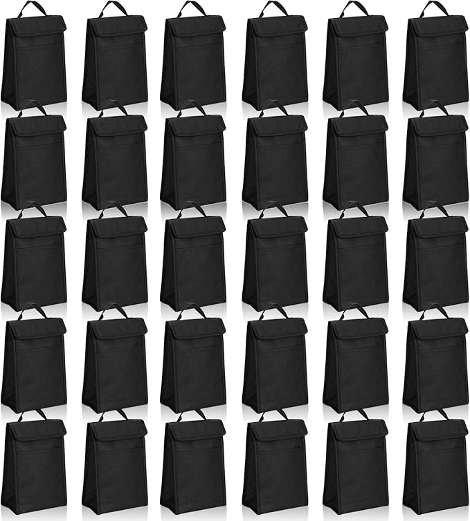 Cunno 30 Pcs Hook and Loop Insulated Bags for lunch Bulk Black Reusable Cooler Bags Waterproof Bags Bulk with Foil Thermal for Women Men Office Picnic Travel