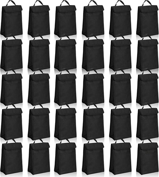 Cunno 30 Pcs Hook and Loop Insulated Bags for lunch Bulk Black Reusable Cooler Bags Waterproof Bags Bulk with Foil Thermal for Women Men Office Picnic Travel