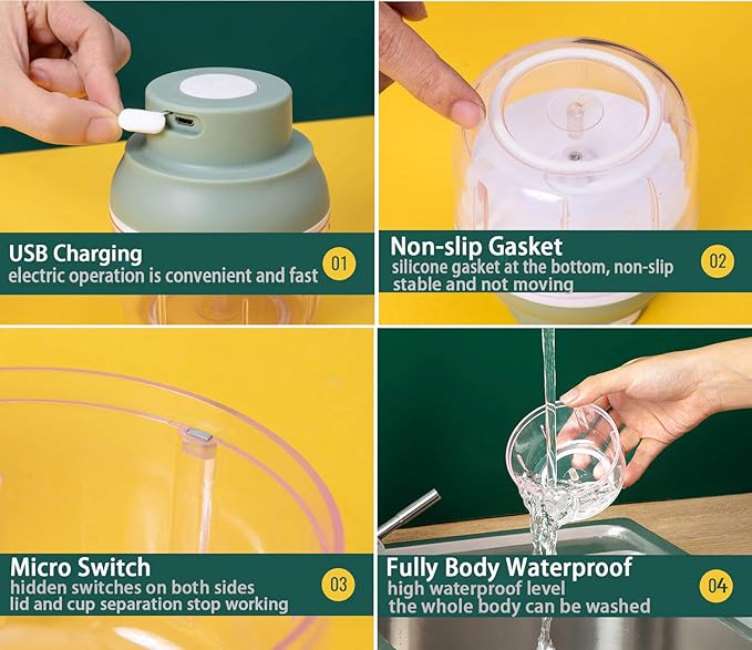 Electric Mini Food Chopper,250ML Portable Garlic Chopper with USB Charging Function, Mini Food Slicer for Onion Vegetables Chili Ginger Meat Nuts Fruits Salad (Green)