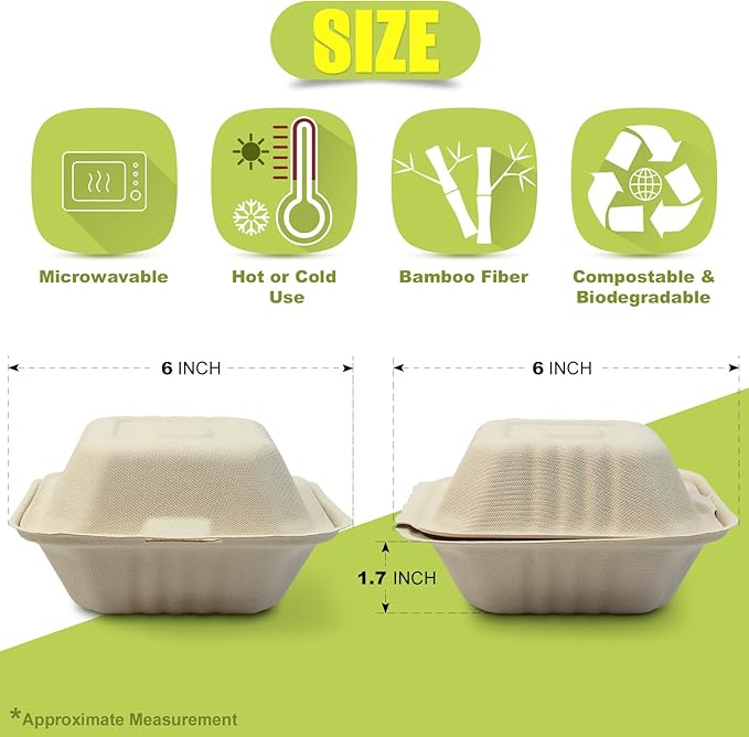 Green Earth, 6-inch, 125-Count, Ribbed Hamburger Compostable Clamshell, BAM Ware (Bamboo Fiber), Take-Out/to-Go Food Boxes - Biodegradable Containers, Hinged Lid Microwave-Safe Gluten-Free