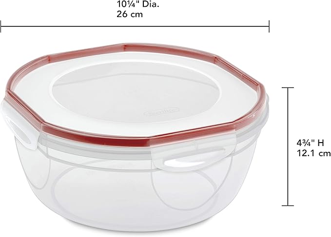 Sterilite Ultra-Seal 4.7 Qt Bowl, Large Airtight Food Storage Container, Latching Lid, Microwave and Dishwasher Safe, Clear With Red Gasket, 4-Pack
