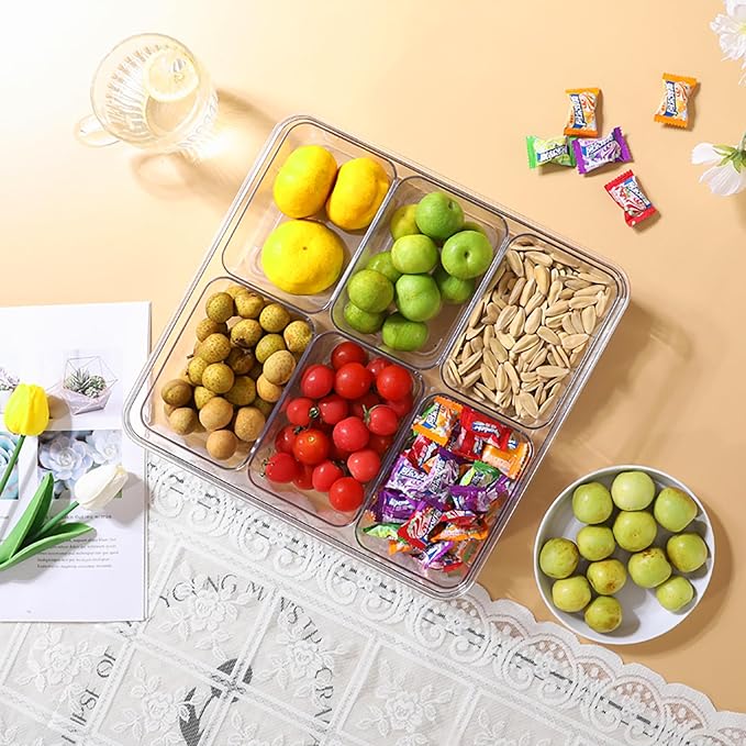 2PCS Divided Serving Tray with Lid & Handle, 6 Compartment Removable Snack Box, Kitchen Organizers and Storage, Snackle Box Container, BPA-Free Fruit Storage Container for Berry, Snack, Candy, Nuts…