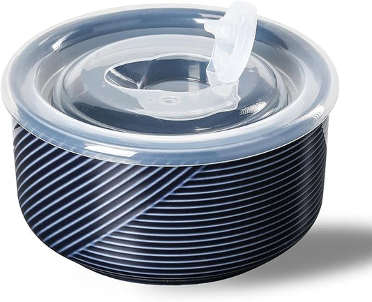 Ceramic Bowl with Lid: 20 oz Microwave Safe Food Storage Container for Soup, Salad, Cereal, Leftovers, Meal Prep, Lunch, Picnic, Camping, Serving - Airtight, Navy, 1 PCS