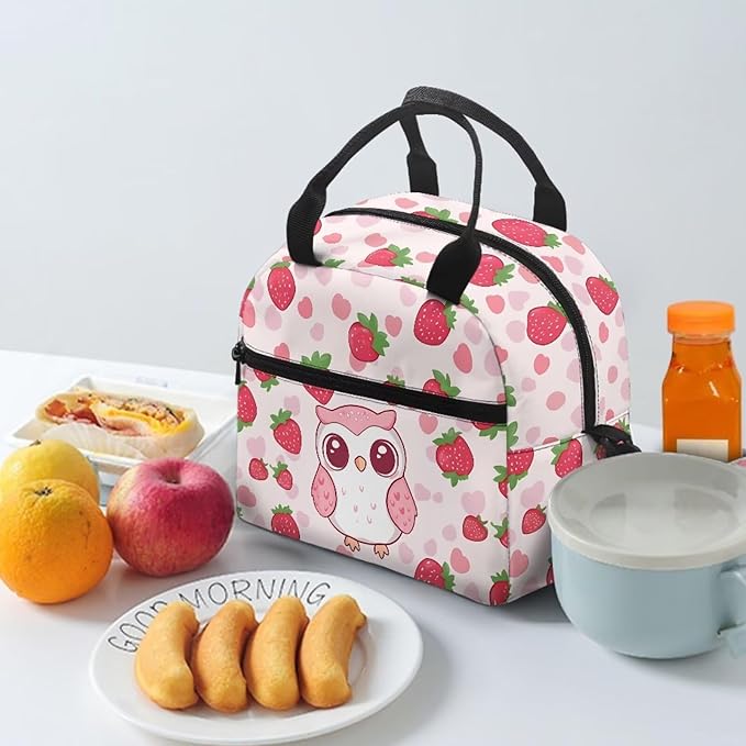 Showudesigns Owl Lunch Bag for Kids Girls Lunch Boxes for School 10-12 Strawberry Bento Cooler Bag Cute Insulated Lunchbox Container Picnic Bags Crossbody Purse Pink
