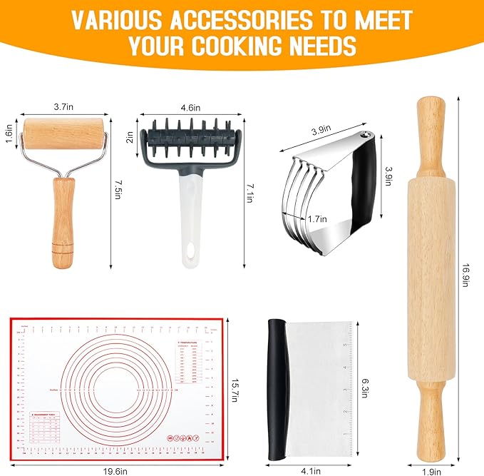 Wooden Rolling Pins for Baking, Small Dough Roller with Handle, Stainless Steel Pastry Blender Set with Pizza Dough Roller Docker, Pastry Cutter, Dough Cutter, Baking Mat, for Home Kitchen Cooking