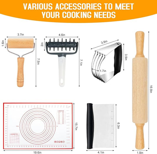 Wooden Rolling Pins for Baking, Small Dough Roller with Handle, Stainless Steel Pastry Blender Set with Pizza Dough Roller Docker, Pastry Cutter, Dough Cutter, Baking Mat, for Home Kitchen Cooking
