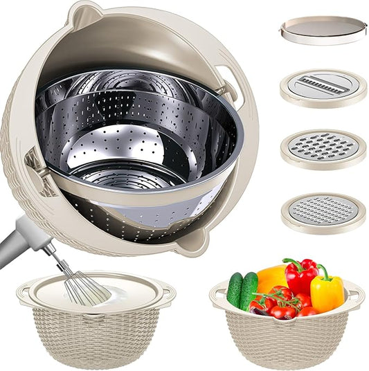 4-1 Colander with Bowl Set, Food Strainers and Colanders, Rice Strainer, Fruit Washing Bowl with Strainer, Rotatable colander for kitchen, Aesthetic Kitchen Gadget - Beige
