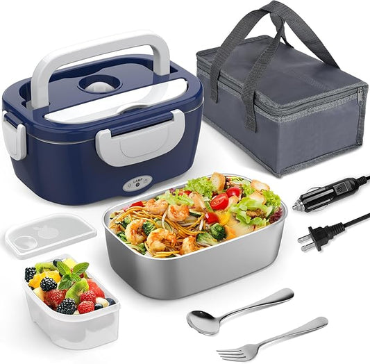 White & Blue 60-80W Electric Lunch Box Food Heater, Heated Lunch Box for Man/Woman, 12V 24V 110V Portable Food Warmer LunchBox for Car Truck Work with 304 SS Container, Christmas Gift