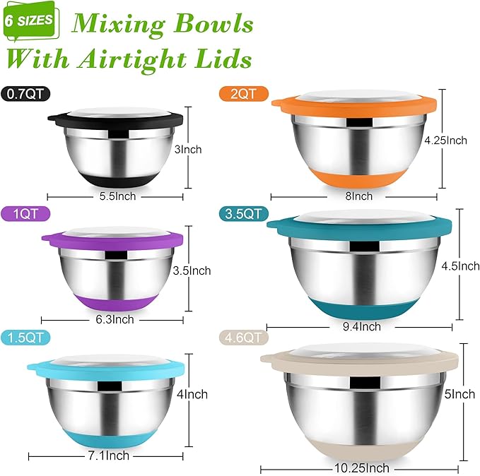 TeamFar Mixing Bowls with Lids, 4.6/3.5/2/1.5/1/0.7 QT Stainless Steel Nesting Salad Bowls with Airtight Lids, For Mixing Serving, Non-Toxic & Sturdy, Non-Slip & Visible, Multi-Color, Set of 6