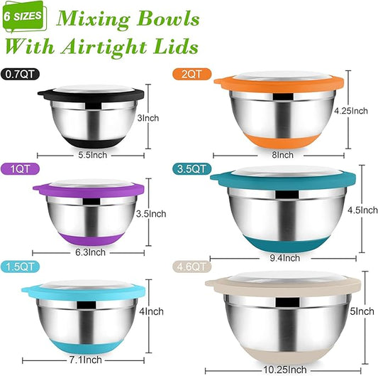 TeamFar Mixing Bowls with Lids, 4.6/3.5/2/1.5/1/0.7 QT Stainless Steel Nesting Salad Bowls with Airtight Lids, For Mixing Serving, Non-Toxic & Sturdy, Non-Slip & Visible, Multi-Color, Set of 6