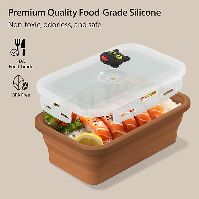 BONE Silicone Foldable Food Container, Collapsible Fresh Box with Clip-on Vent Plug Lid, Microwave & Dishwasher Safe Lunch Box for Meal Prep, Cute Cartoon Animal Airtight Storage (1200ml)