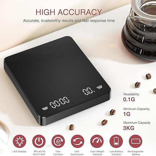 ShanSon Coffee Scale with Positive and Negative Timer 3kg/0.1g High Precision Kitchen Scale Drip Espresso Scale with Backlit LED Display for Baristas and Home Brewing,Black