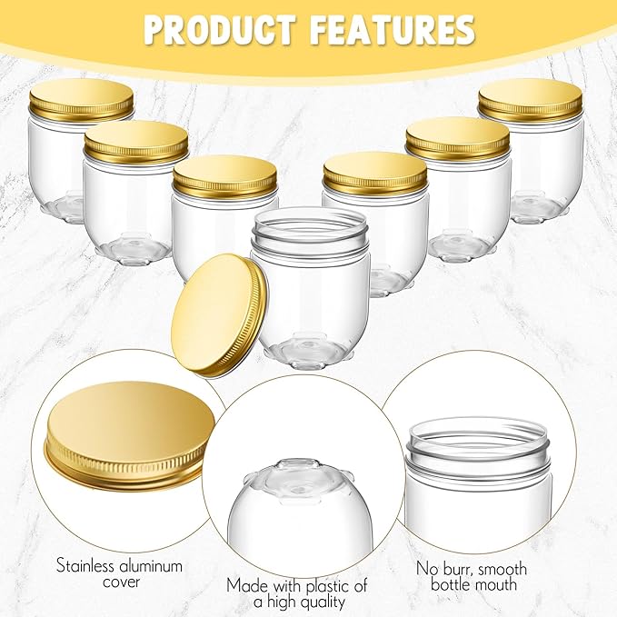 Tanlade 60 Pcs 4 oz Clear Plastic Wide Mouth Mason Jars with Lids Small Honey Jar Mini Storage Containers Bulk for Herb Jelly Butter Wedding Favors Shower Party(Gold)