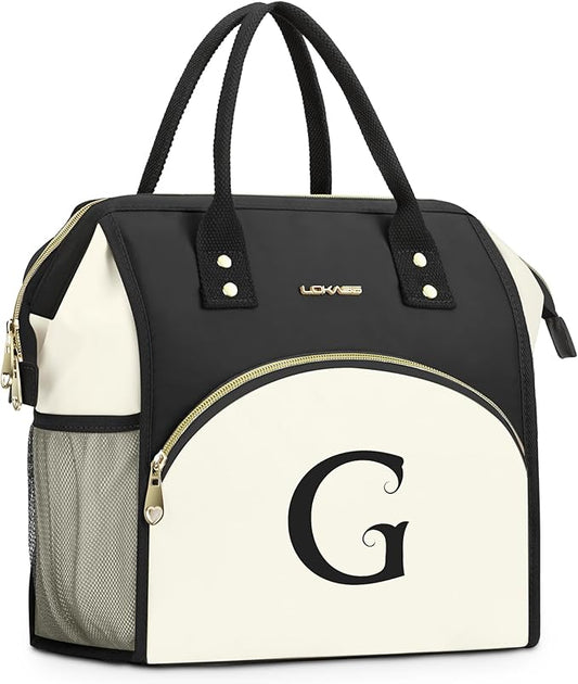 Personalized Lunch Bag for Women, Preppy Reusable Insulated Initials Lunch Box Gift for Friend Large Wide-Open Water Resistant Adult Cooler Tote Bag for Work, Travel, Picnic - Black G