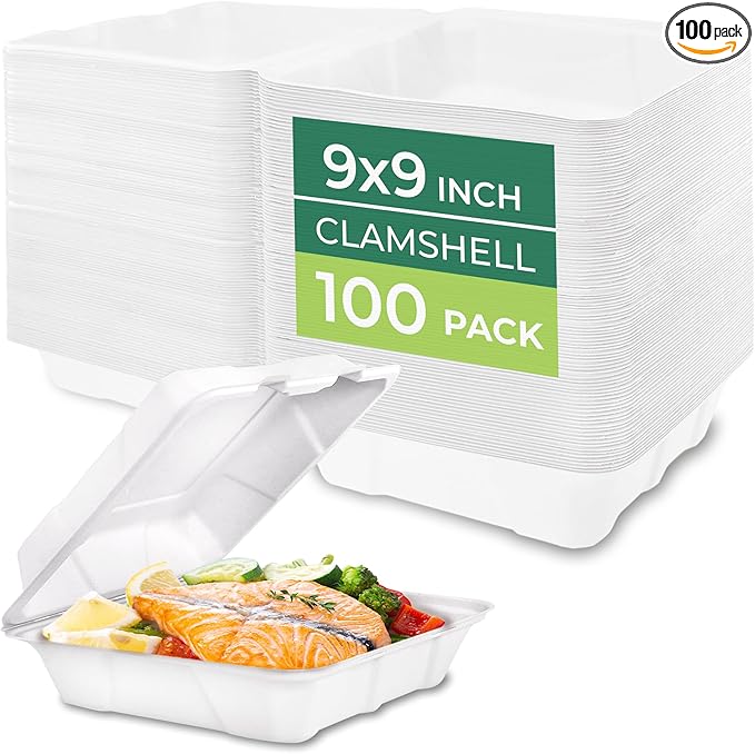 Freshware Clamshell Food Containers with Lids [9x9 100-Pack] Disposable To Go Containers, Biodegradable Sugarcane To Go Boxes - Paper Food Container - Microwave & Freezer Safe, Stackable