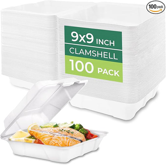 Freshware Clamshell Food Containers with Lids [9x9 100-Pack] Disposable To Go Containers, Biodegradable Sugarcane To Go Boxes - Paper Food Container - Microwave & Freezer Safe, Stackable