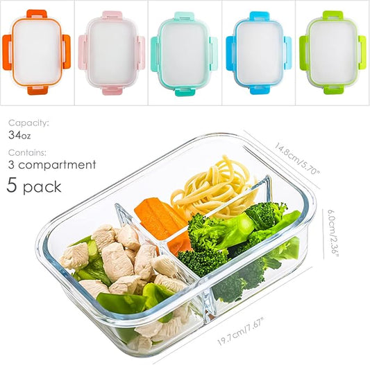 UMEIED Glass Meal Prep Containers 3 Compartment with Lids (5 Pack, 36oz), Divided Glass Storage Containers for Lunch at Work, Leak-Proof Portion Control Food Containers, Microwave/Dishwasher Safe